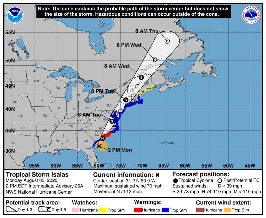 Map showing the cone of tropical storm