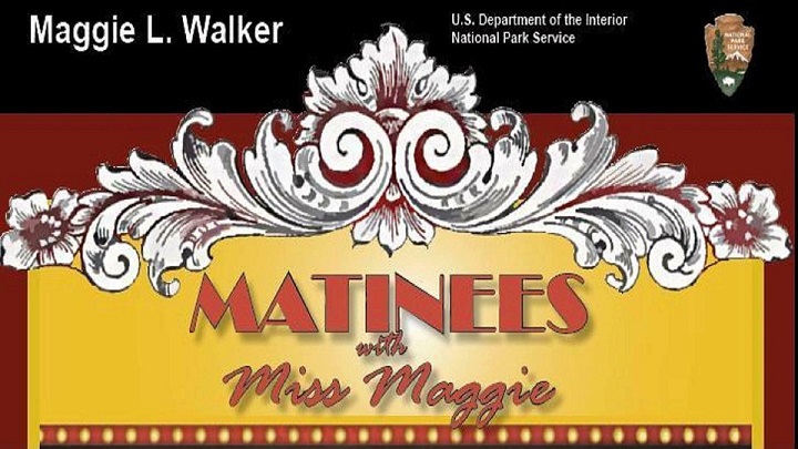 Matinees with Miss Maggie a stylized drawing of a theater marquee with the text "Matiness with Miss Maggie."