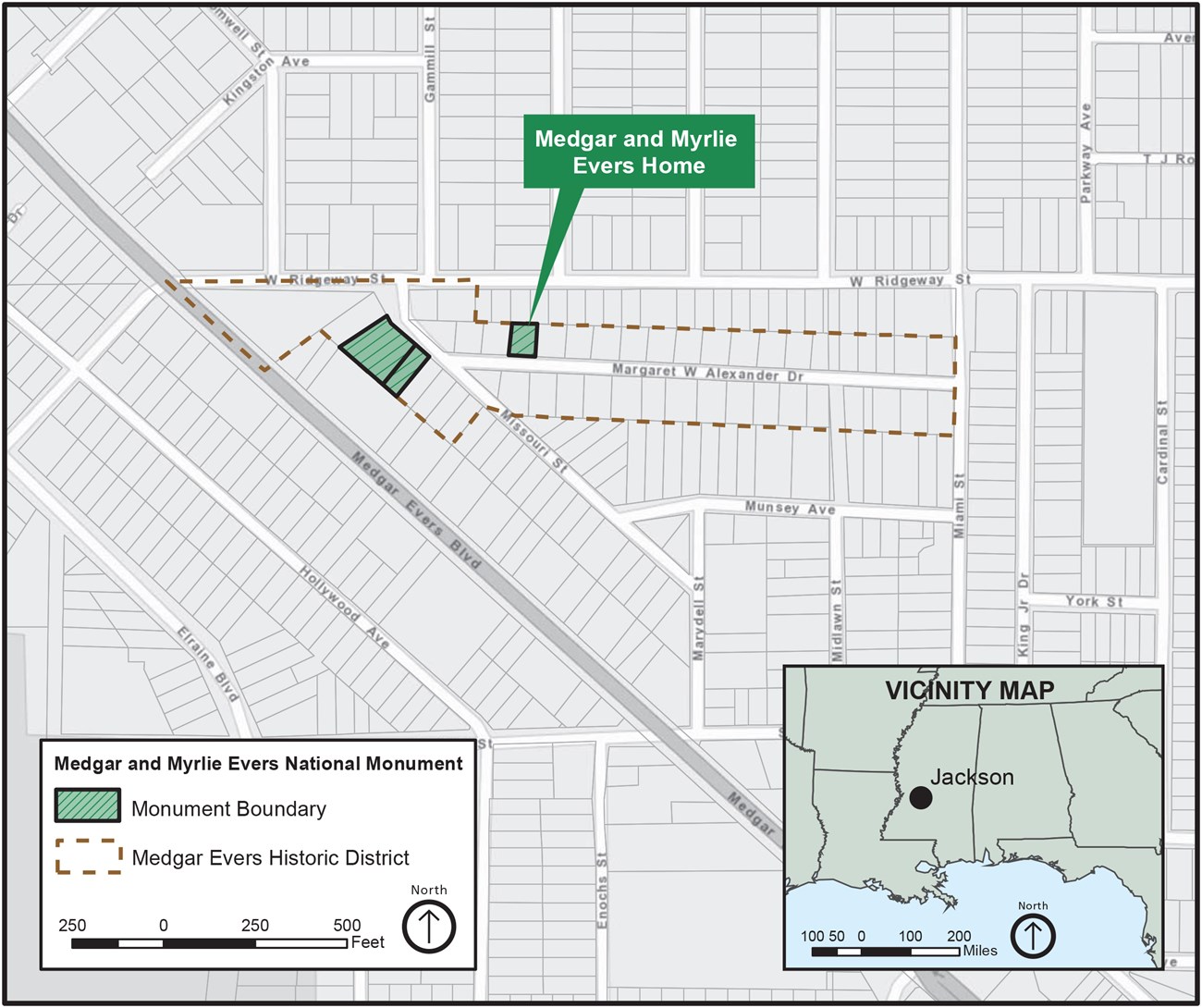 Map outlining national monument boundary and Evers home on Margaret Alexander Drive within the Medgar Evers Historic District north of Medgar Evers Blvd in Jackson, Mississippi
