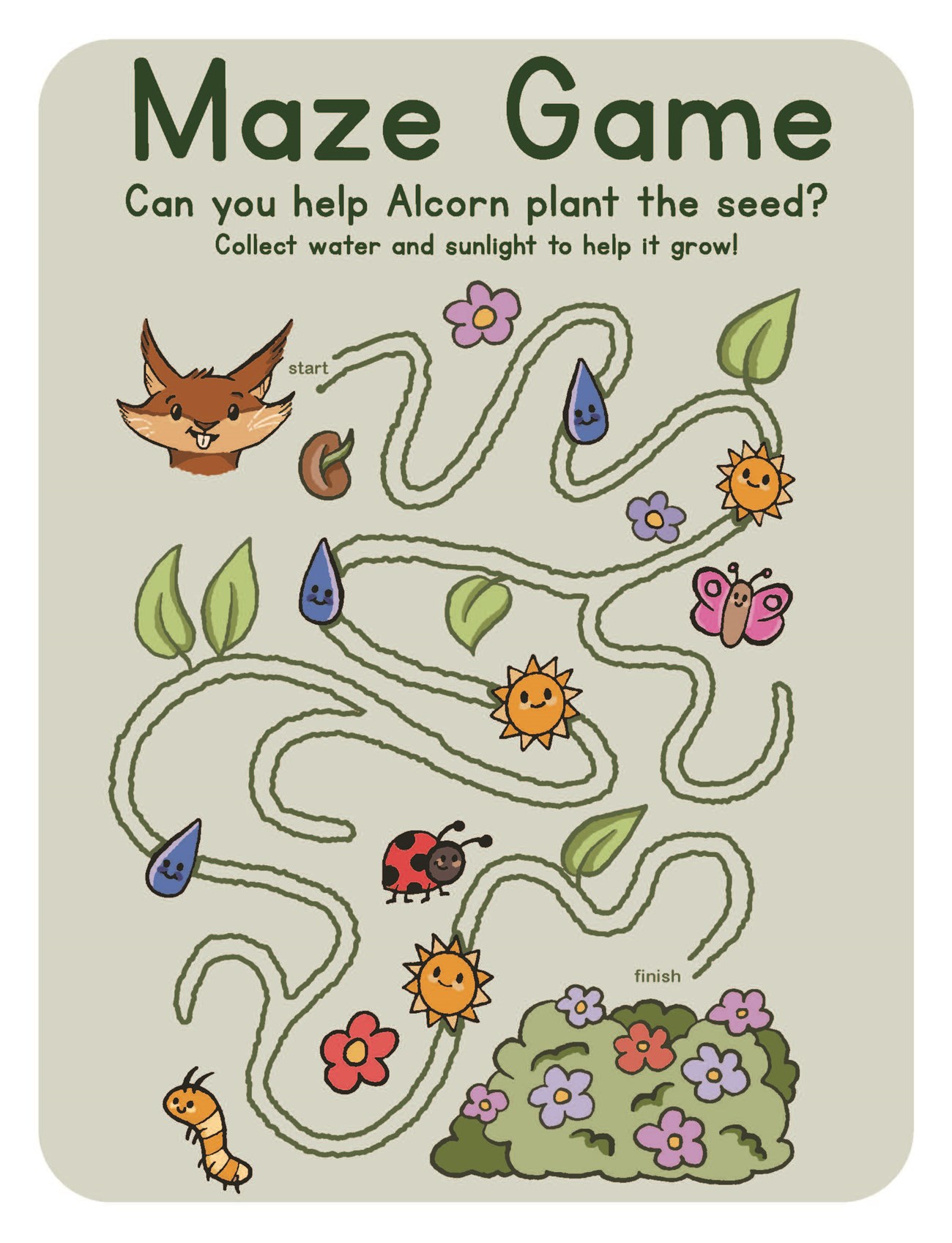 Maze starts at top left with Alcorn the Squirrel illustration then a windy trail leads through leaves, water droplets, bugs, and sunshine graphics, ultimately ending at a flowering bush