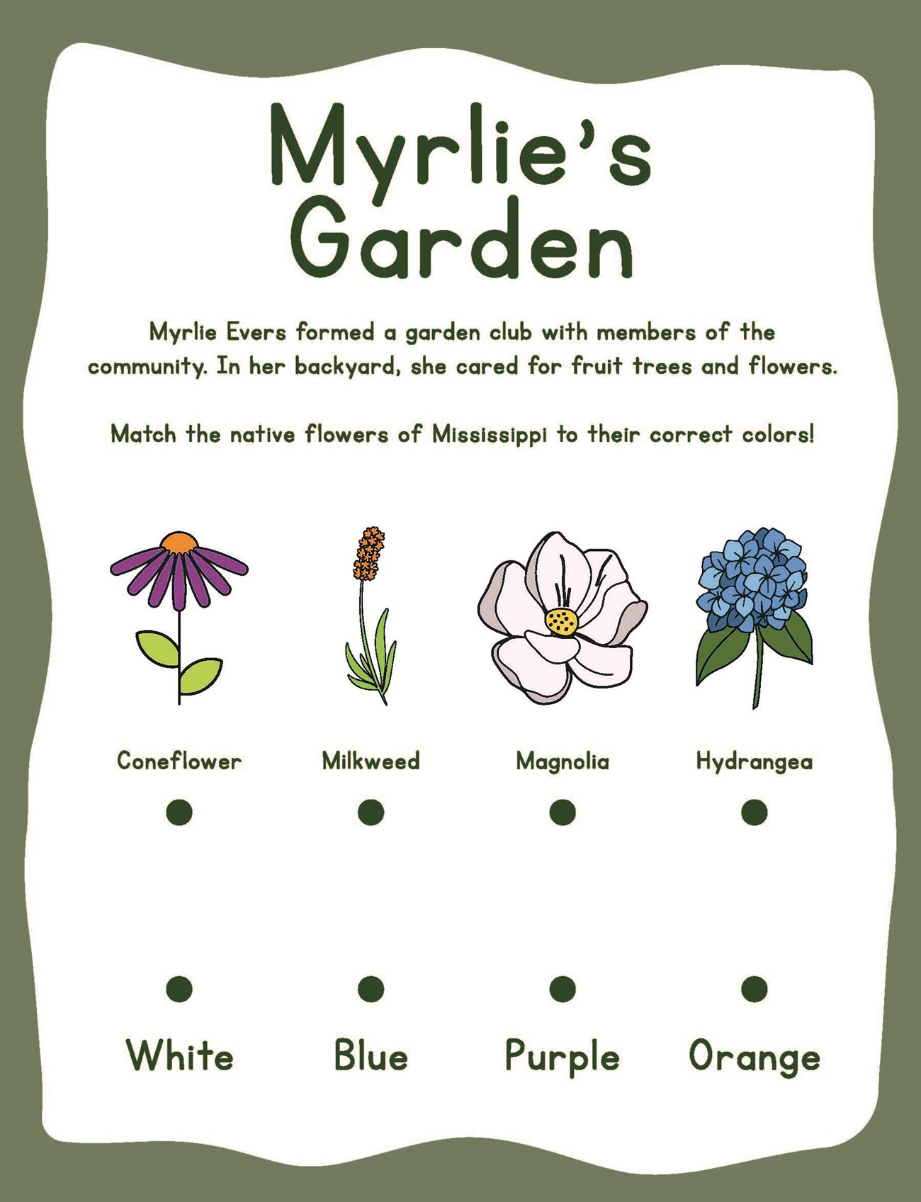 The matching game includes illustrations of a purple coneflower, orange milkweed, white magnolia, and blue hydrangea with space to draw lines to the list of corresponding colors