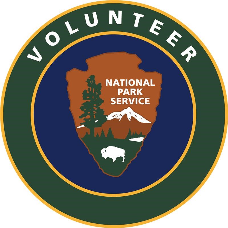 National Park Service badge emblem, with an arrowhead symbol featuring a bison, giant sequoia, mountain, and lake with the words National Park Service in a blue circle surrounded by a green circle with the word Volunteer at the top in white.