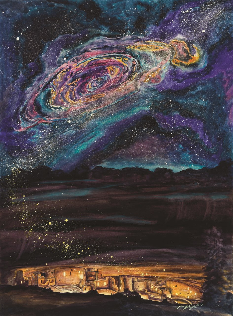 A watercolor painting of a cliff dwelling at night with windows lit up below a dark starry sky filled with a colorful swirling shining Milky Way