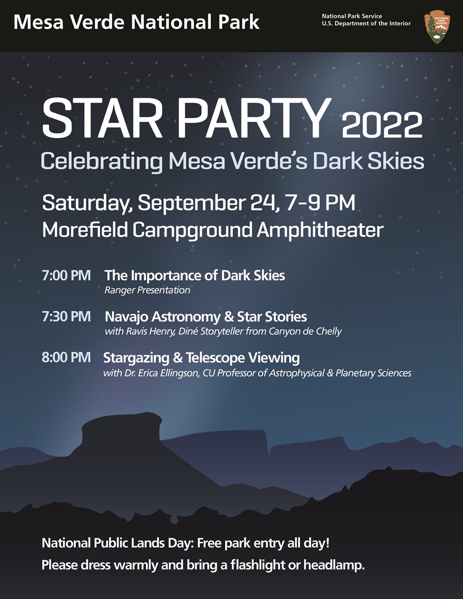 A flyer advertising the schedule of events for Mesa Verde Dark Sky Festival against a stylized blue background of the mesa by night.