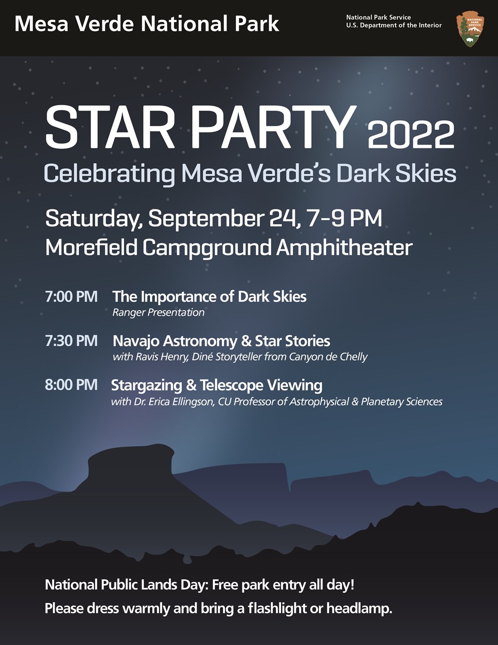 A flyer advertising the schedule of events for Mesa Verde Dark Sky Festival against a stylized blue background of the mesa by night.