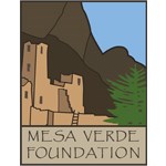 Mesa Verde Foundation logo is a square with its name on the bottom quarter. Above the name is simple tan drawing of ancient building in an alcove and blue sky in the upper right corner.