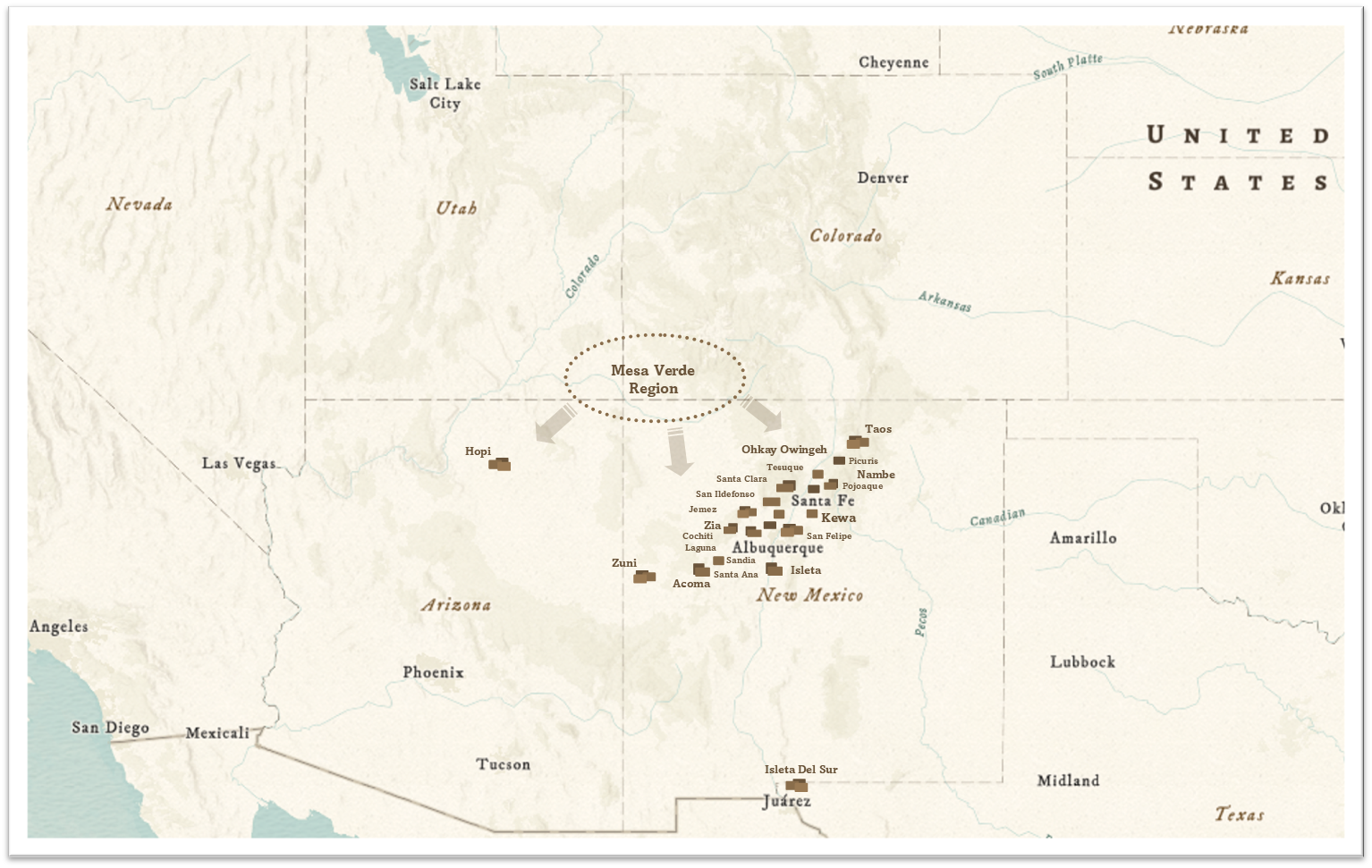 Map of Mesa Verde region with arrows pointing south and west, illustrating the direction of the Pueblo migration of the 1200's
