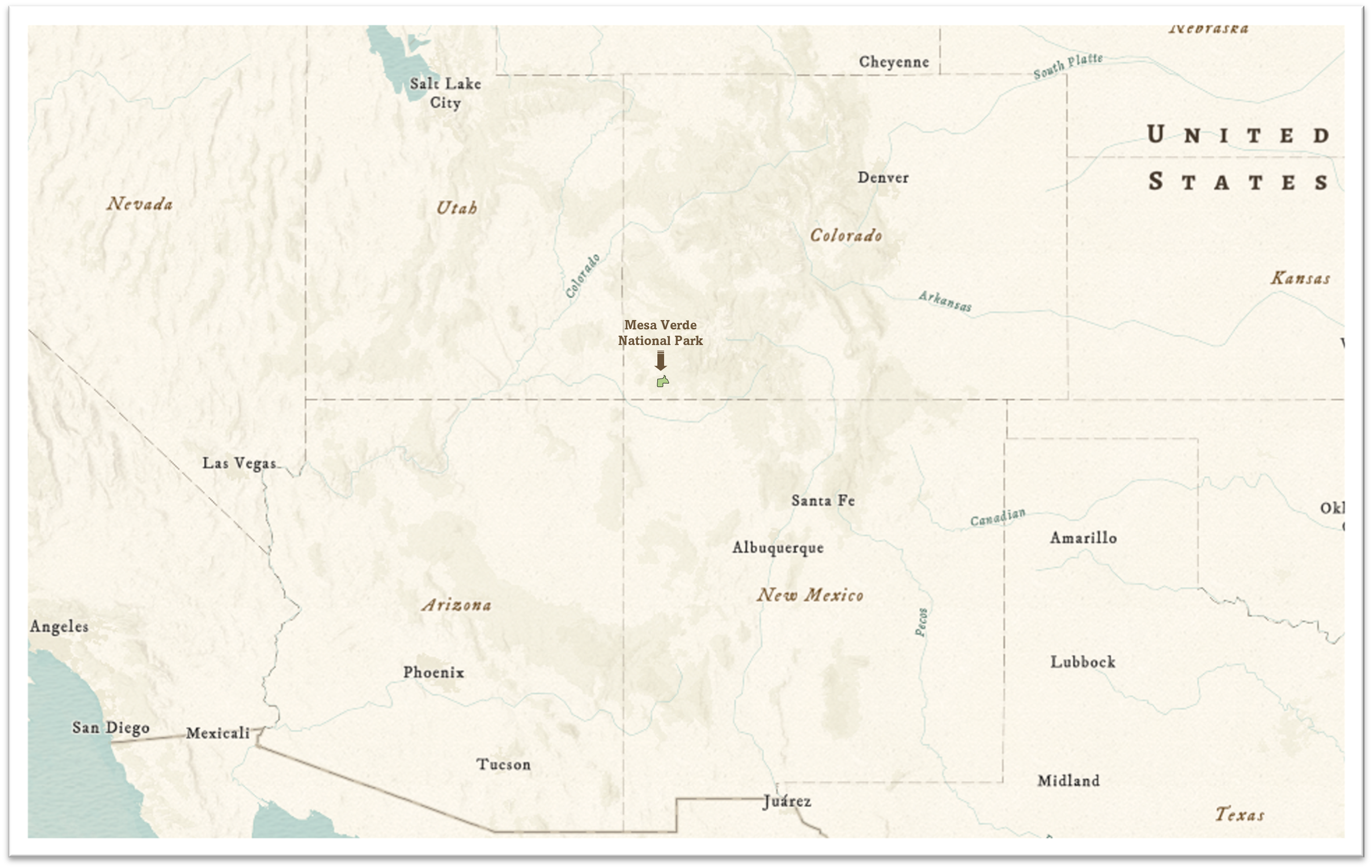 Map of Mesa Verde National Park in near Four Corners