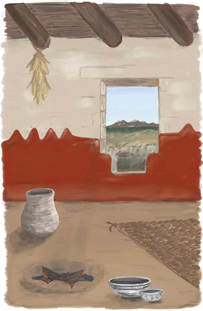 Illustration of a pueblo room interior, with a fire, rug and pottery.