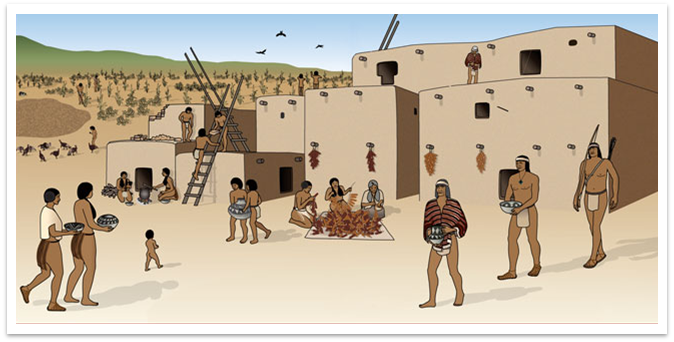 Illustration of a pueblo village with people at work.