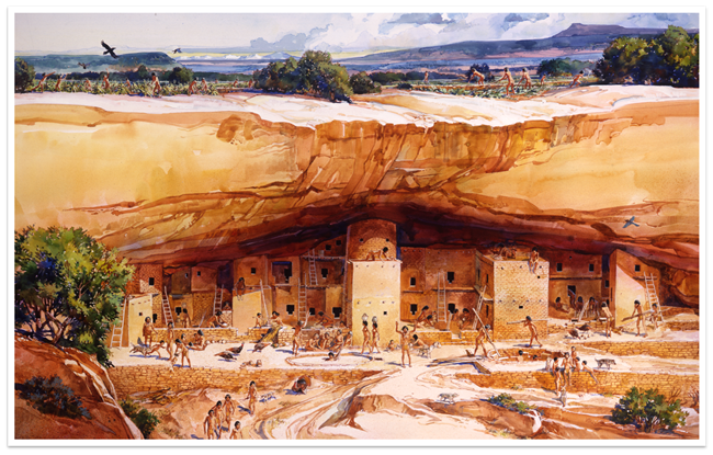 Illustration of Spruce Tree House, a stone built cliff dwelling, as it might have looked long ago. People are building, working and living in the village.
