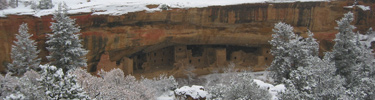View of Spruce Tree House with winter snow