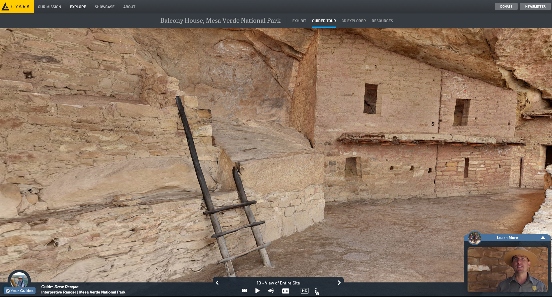 A screenshot of a computer screen showing the CyArk virtual tour of Balcony House with a recorded tour by a ranger in the bottom right corner
