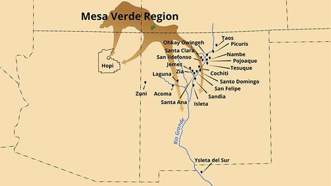 Map of Mesa Verde Region and modern Pueblos