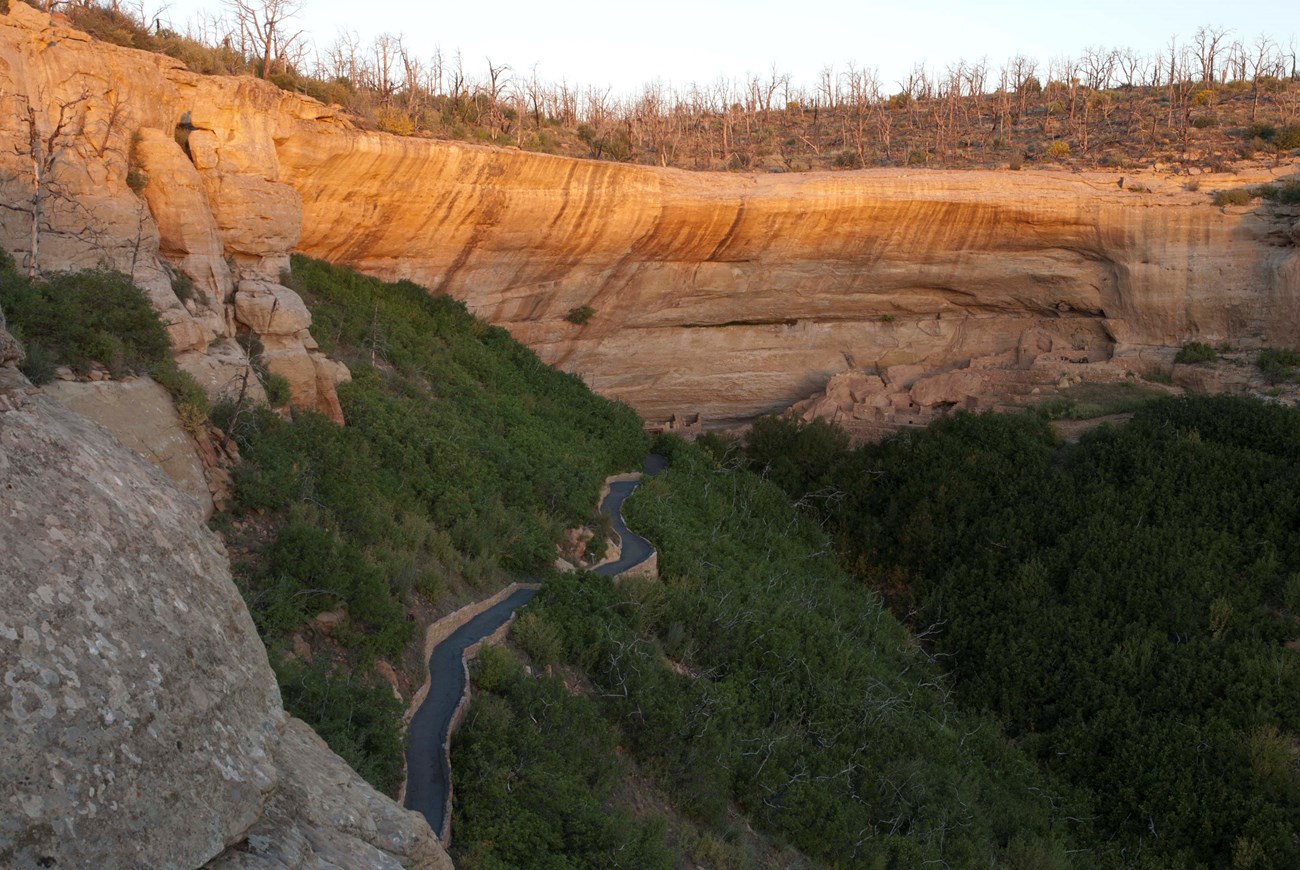 A paved trail winds through scrub oak forest to an ancient stone masonry village built into a cliff alcove. The alcove above the village is illuminated with afternoon sunlight.