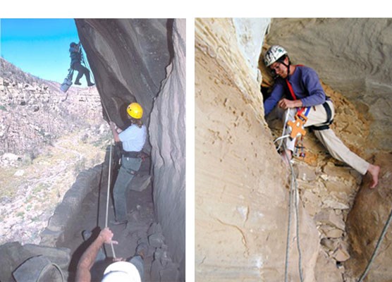 Archeologists rappelling to install a silicone dripline and assessing backcountry cliff dwellings.