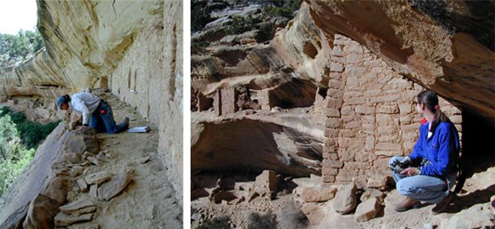 Two images. Left image of archeologist documenting hand and toe hold. Right image of archeologist working in Kodak House cliff dwelling.