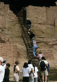 Visitors going up ladder in Long House during guided tour.