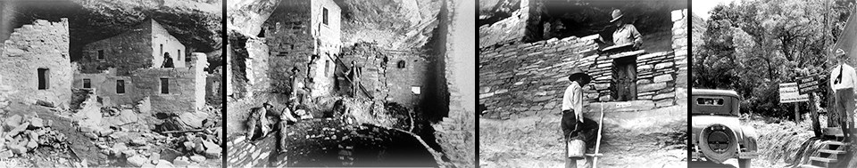 Four historic, black and white images of men working on ancient, stone-masonry cliff dwellings of Mesa Verde.
