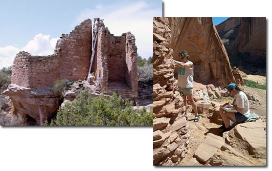 Two images of Mesa Verde archeologists working at other national park sites.