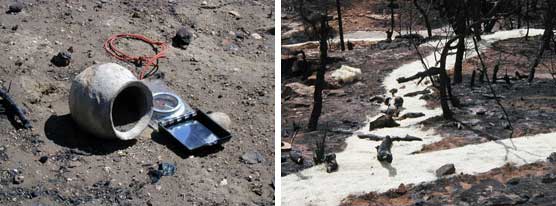 Images of vessel discovered after fire, and matting used to protect sites from erosion.