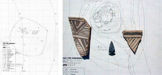 Two site maps, one with pottery shards and lithic in foreground.