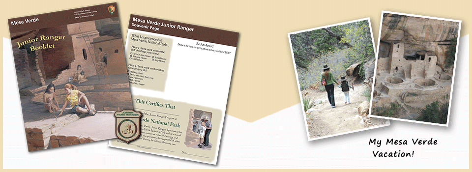 Cover of junior ranger booklet and snapshots of kids on ladder and in cliff dwelling on an envelope.
