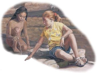 Red-hair in shorts girl sitting on stonework pointing down at something a dark-haired Ancestral Pueblo girl is using a stick to draw on the ground.