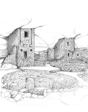 Illustration of Balcony House with the kiva courtyard in the foreground.