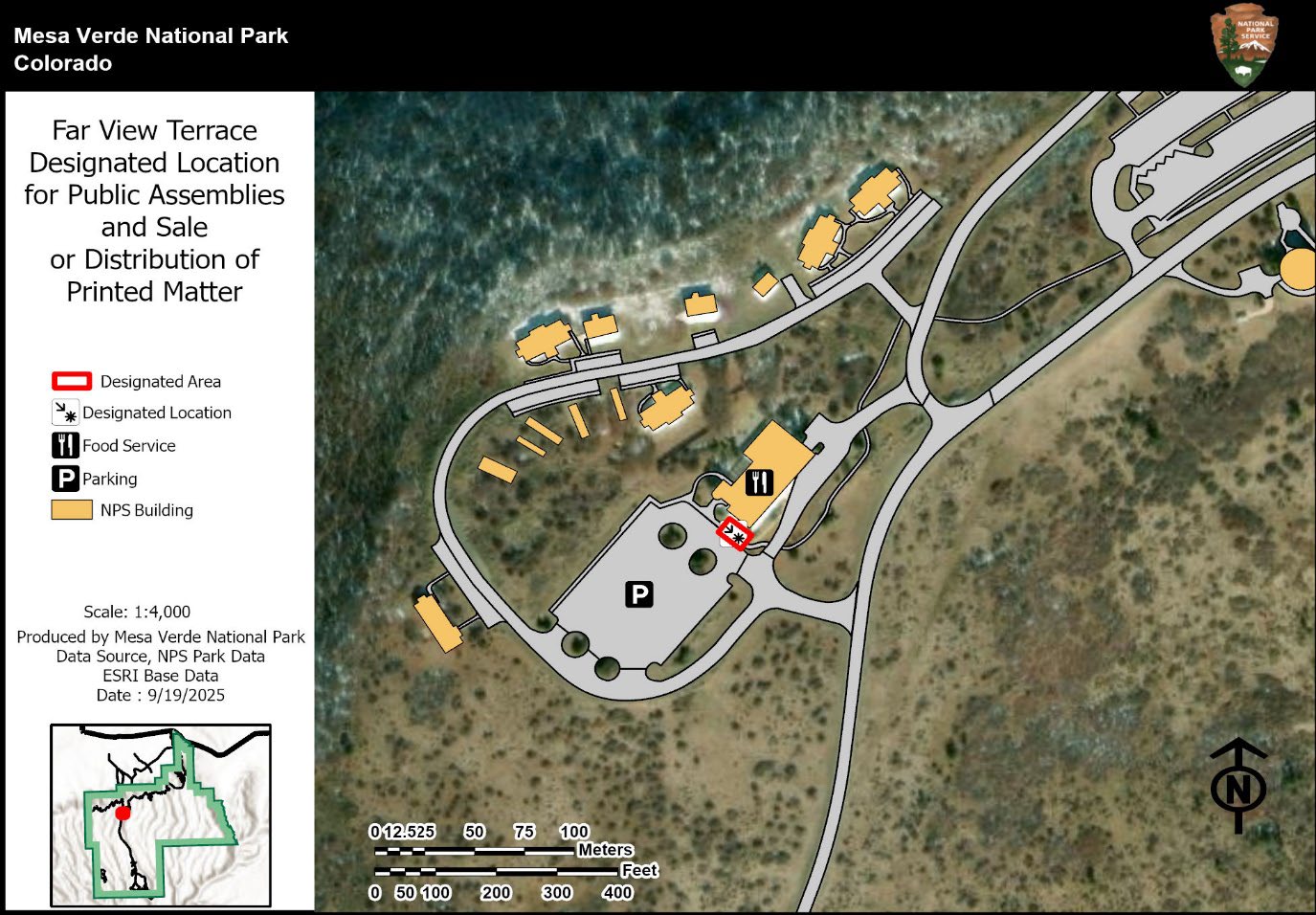 Aerial map of Far View Terrace . A red box shows the designated location for public assemblies. A legend identifies other public areas. Also a inset map for location context.