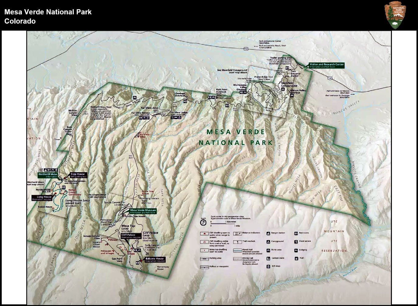 Map shows topography of Mesa Verde National Park including trails, roads, and key sites. Boundary border is dark green. Legend and scale provided.