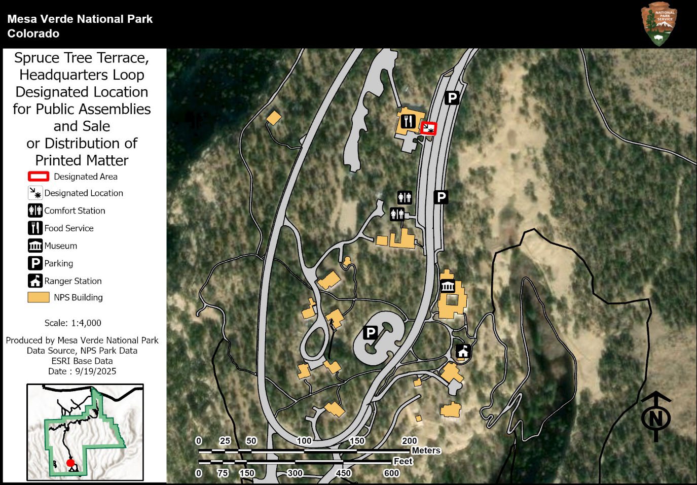 Aerial map of headquarters area and Spruce Tree Terrace. A red box shows the designated location for public assemblies. A legend identifies other public areas. Also a inset map for location context.