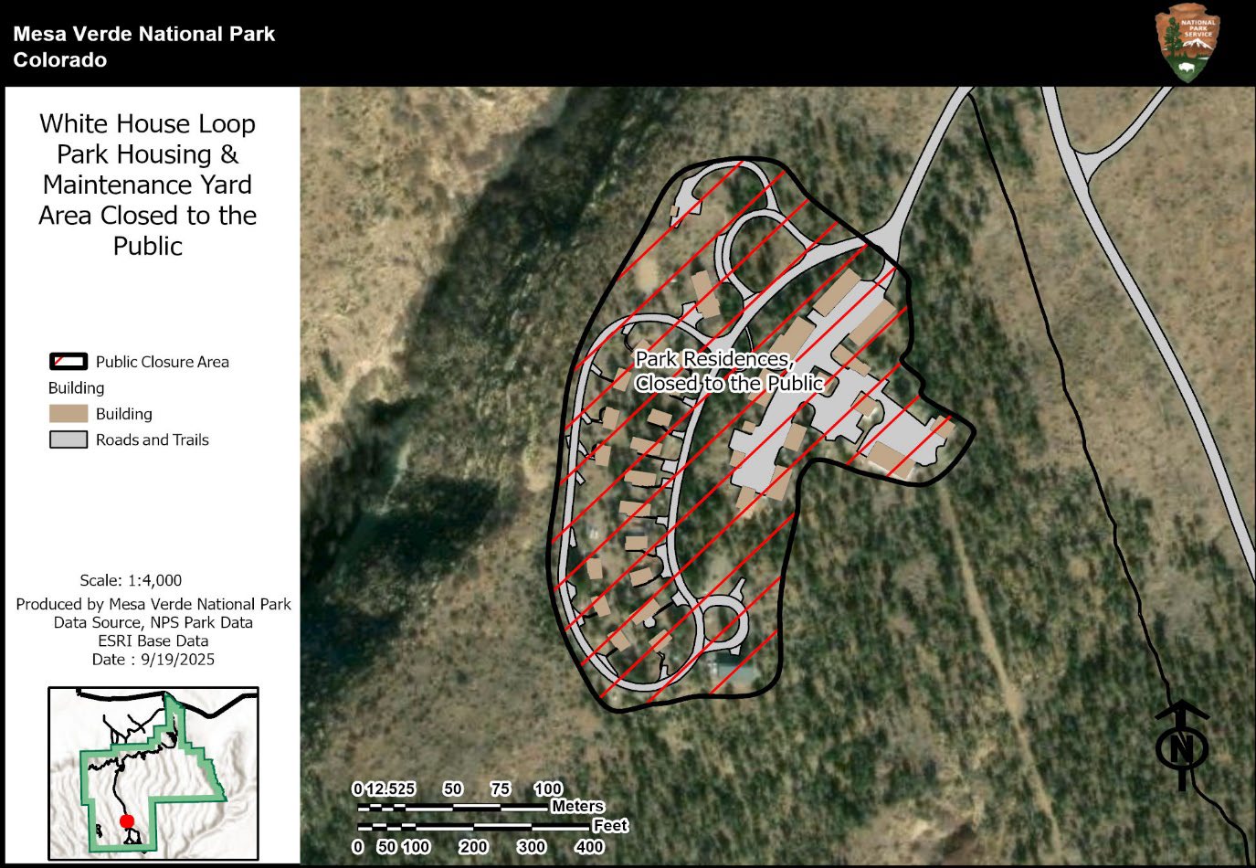 Red stripes within a black border on an area of the park map indicates areas closed to the public: White House Loop Park housing and the maintenance yard. A legend defines the public closure area. Map scale is 1:4,000. An inset map for location context.