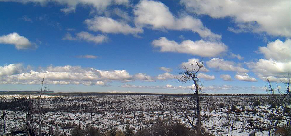 View of snowy mesa with clouded blue sky above. View of snowy mesa with clouded blue sky above.