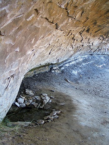 Side profile of an alcove that has carved a c-shaped arch. A pool of water lies on the surface of the alcove floor.