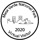 A line draw of cliff a dwelling and Mesa Verde National Park, Virtual Visitor within a round circle