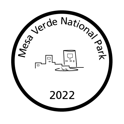 A virtual National Park Passport stamp, reading Mesa Verde National Park 2022 with a line drawing of a cliff dwelling