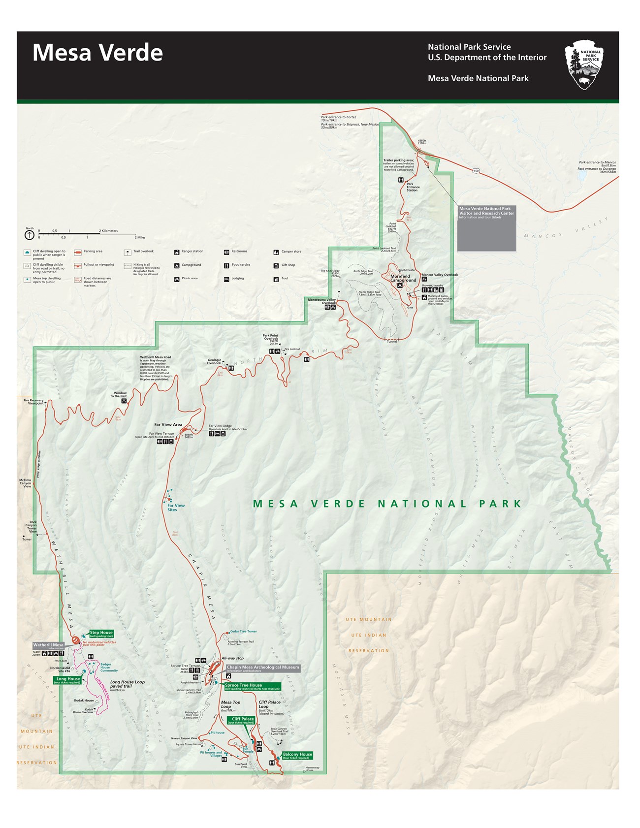 Park map displays 20 mile main park road into Chapin Mesa and Wetherill Mesa. Points of interest such as the Visitor Center and Lodging and campground are marked on the map as are the driving loops and historic district.