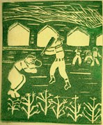 A print of men playing baseball at Minidoka.