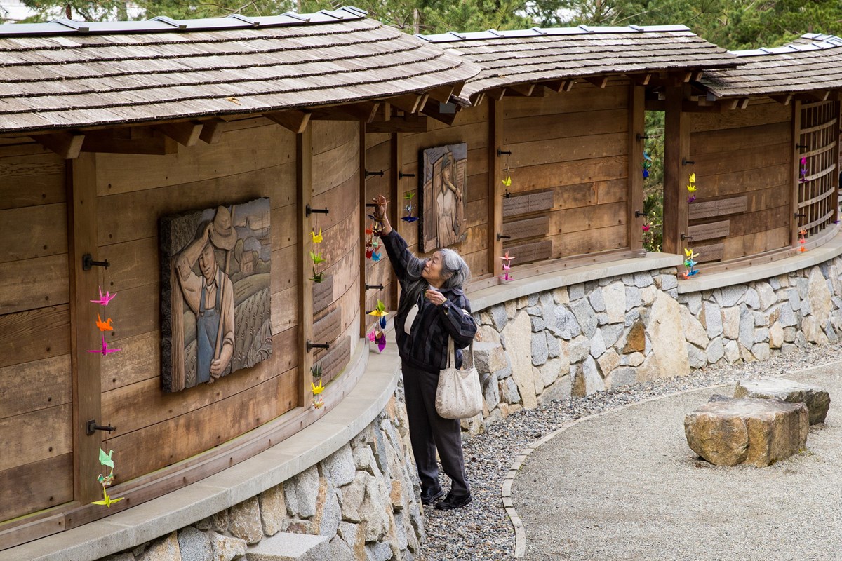 Older Japanese American woman reaches up to hang a paper crane on the memorial wall. Older Japanese American woman reaches up to hang a paper crane on the memorial wall.