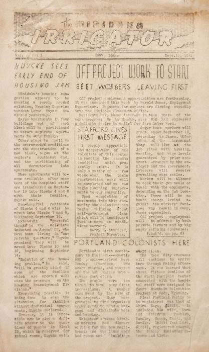 photo of front page of Minidoka Irrigator newspaper