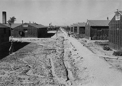 Road and buildings at Minidoka in the 1940s