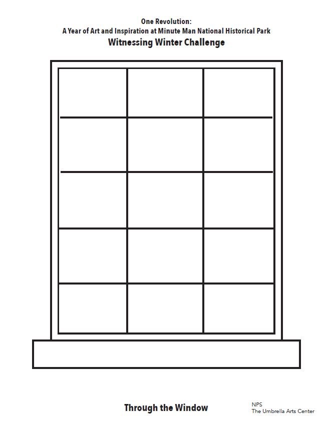 A worksheet style prompt for a drawing or coloring project. The text reads: One Revolution: A Year of Art and Inspiration at Minute Man National Historical Park, Witnessing Winter Challenge, Through the Window. The primary image is blank except for a wind