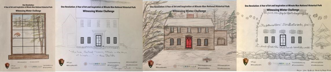 Four worksheets featuring drawings of park witness houses