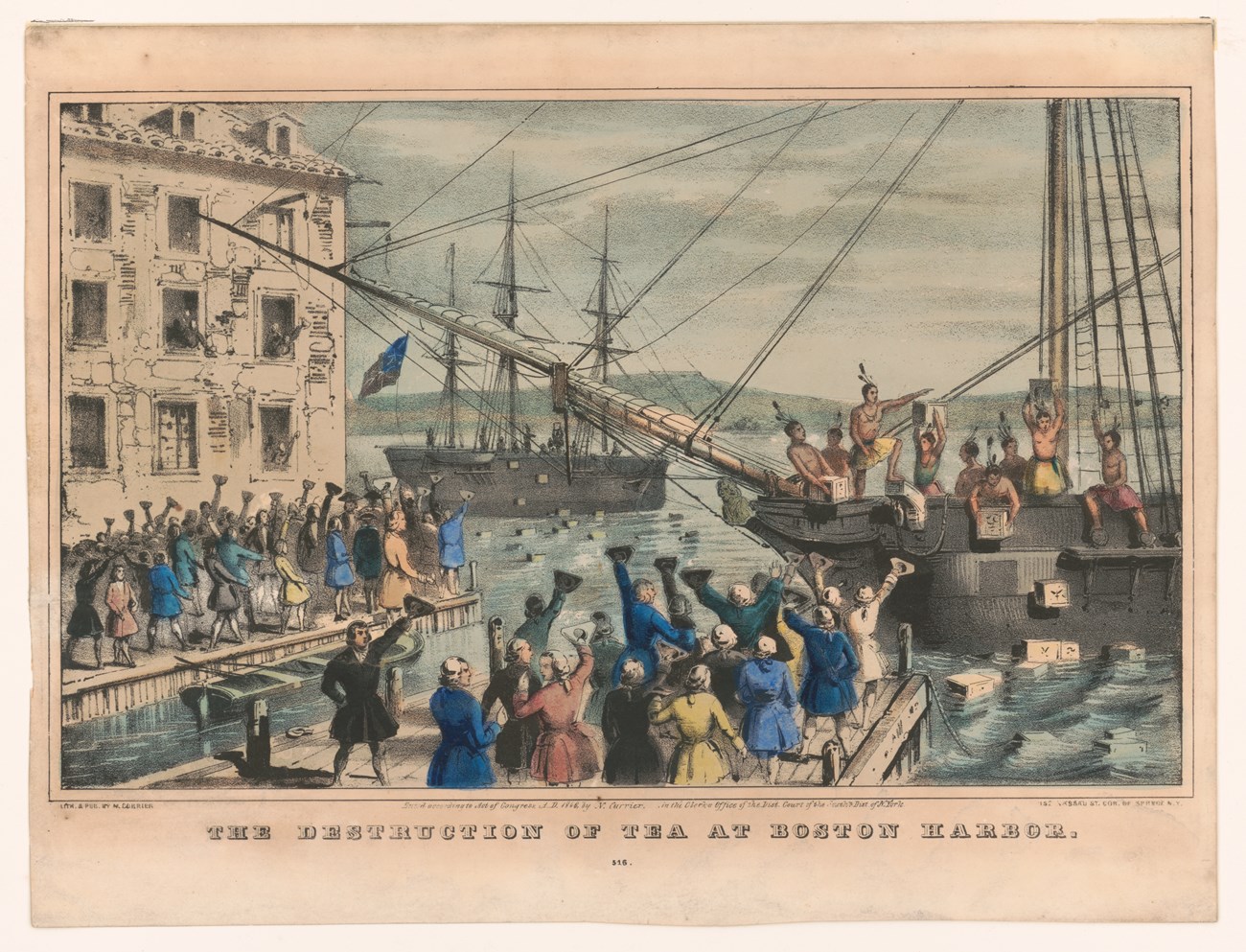 An 1846 sketch of the Boston Tea Party showing men dumping chests of tea from ships in Boston Harbor as citizens gather to watch