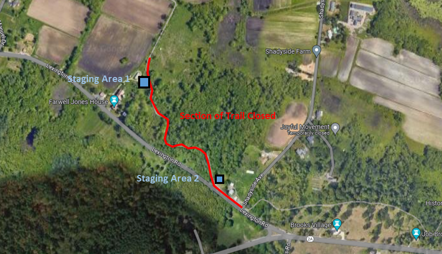 Satellite image of trail closure. Trail closed from Carty Barn (955 Lexington Road, Concord Ma) to Shadyside Avenue Concord, MA. Closure is marked with a red line on the trail.