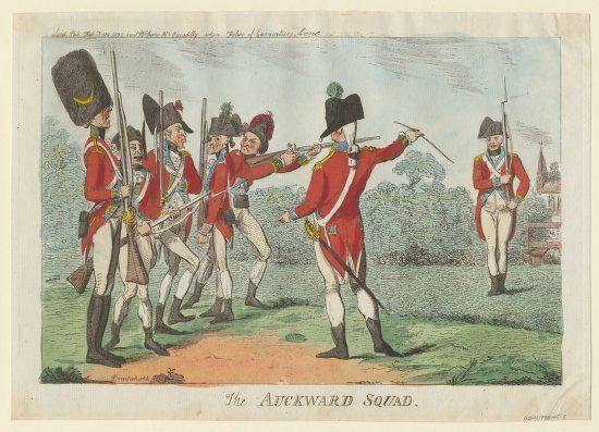 A watercolor image of new British soldiers being trained. The men stand awkwardly while an officer instructs them
