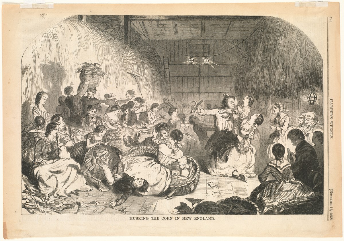 A chaotic party scene featuring many couples husking corn while sitting on a barn floor. In one corner a man has just knocked over a basket of corn. In another a man and woman fight over an ear of red corn. The barn is light by hanging lanterns.