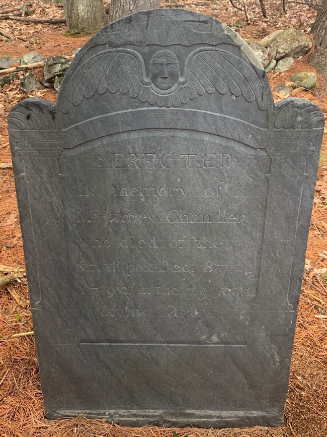 A large slate headstone of Mr. James Chandler. The stone features a late 18th century image of a winged “Death’s Head” near the top. Carved pillars flank an inscription that reads “ERECTED In memory of Mr. James Chandler who died of the Small pox Dec, 8th