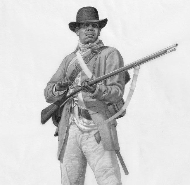 Drawing of a minuteman of African descent stands ready with musket and equipment.